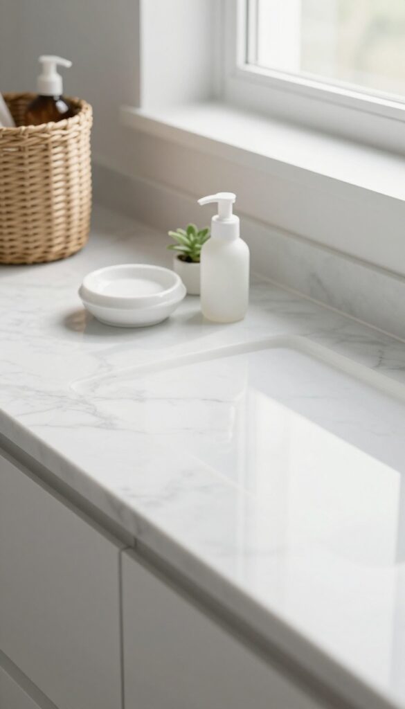 A clean, clutter-free bathroom countertop with a bin of toiletries, ready for cleaning