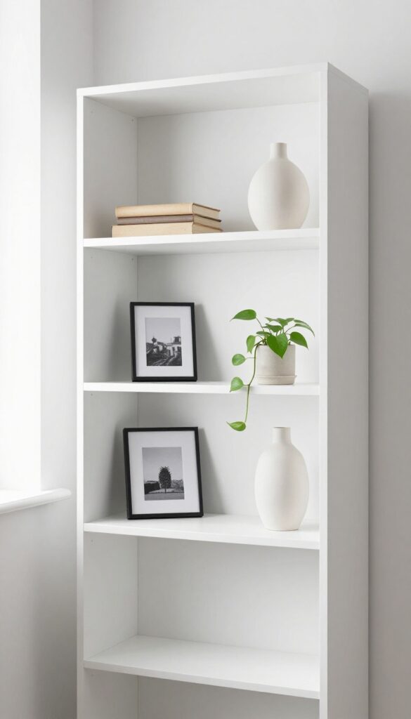 A modern living room bookcase with intentional empty shelves, featuring a single stack of books with a ceramic vase on an otherwise bare eye-level shelf, and a few curated decor pieces on lower shelves.