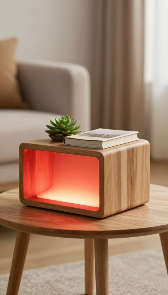 Warm red LED side table with plant and books in cozy living room