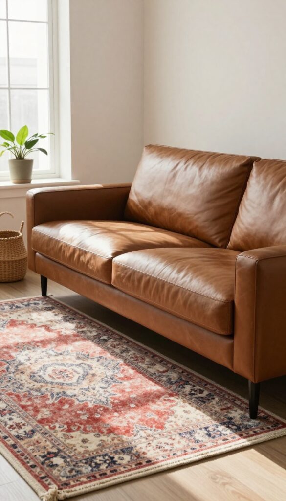 Living room with leather sofa and vintage rug