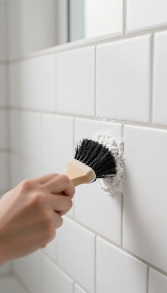 Hand scrubbing grout lines with a stiff brush on a bathroom tile wall