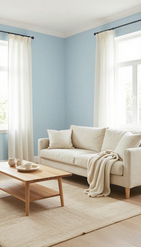 Soft blue living room with white trim and cozy neutral furnishings