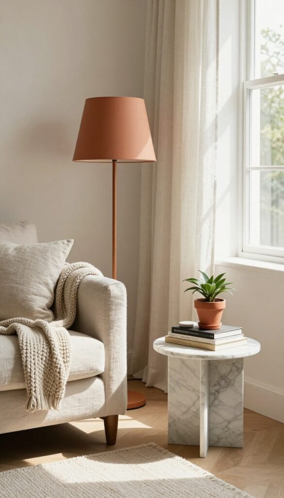 Cozy living room with terracotta lamp, marble table, stone coaster, and soft textiles