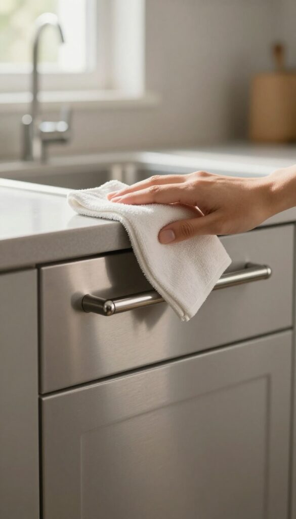 Person wiping kitchen cabinet handles with a microfiber cloth