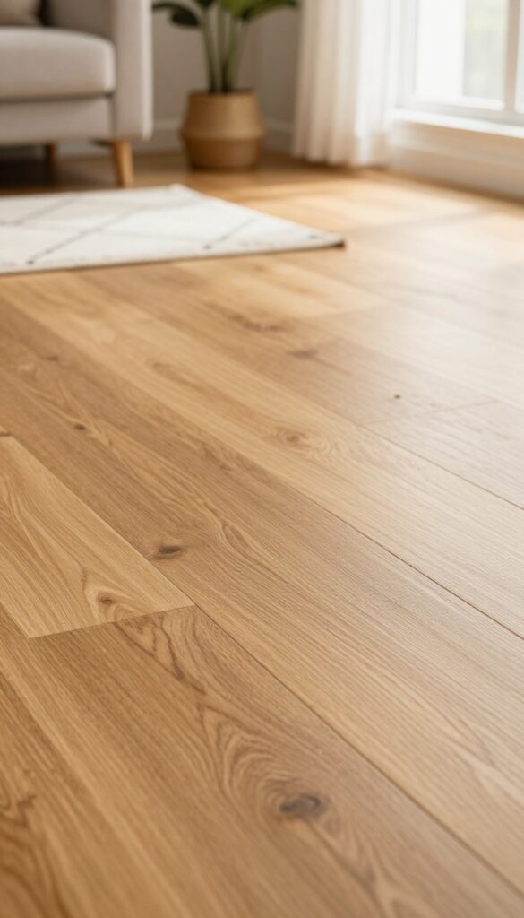 Close-up of engineered hardwood floor in honey oak matte finish with a neutral wool rug, soft natural light, and blurred living room background