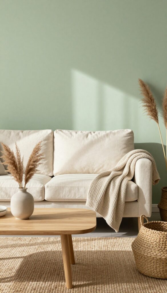 Sage green accent wall in a bright, cozy living room with cream sofa, wood coffee table, and natural textures.