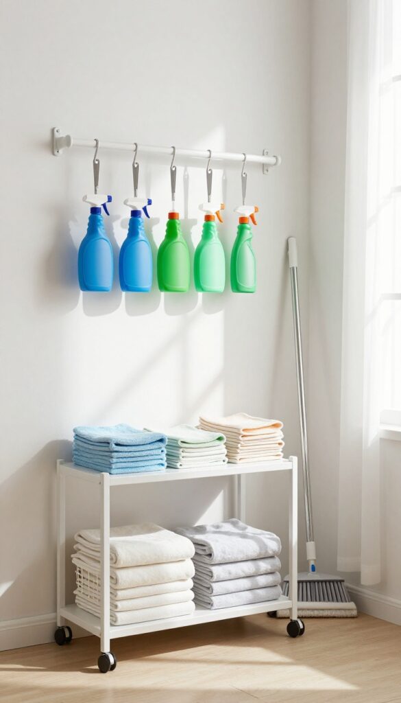 Spray bottles hanging from a tension rod in a bright cleaning supply closet