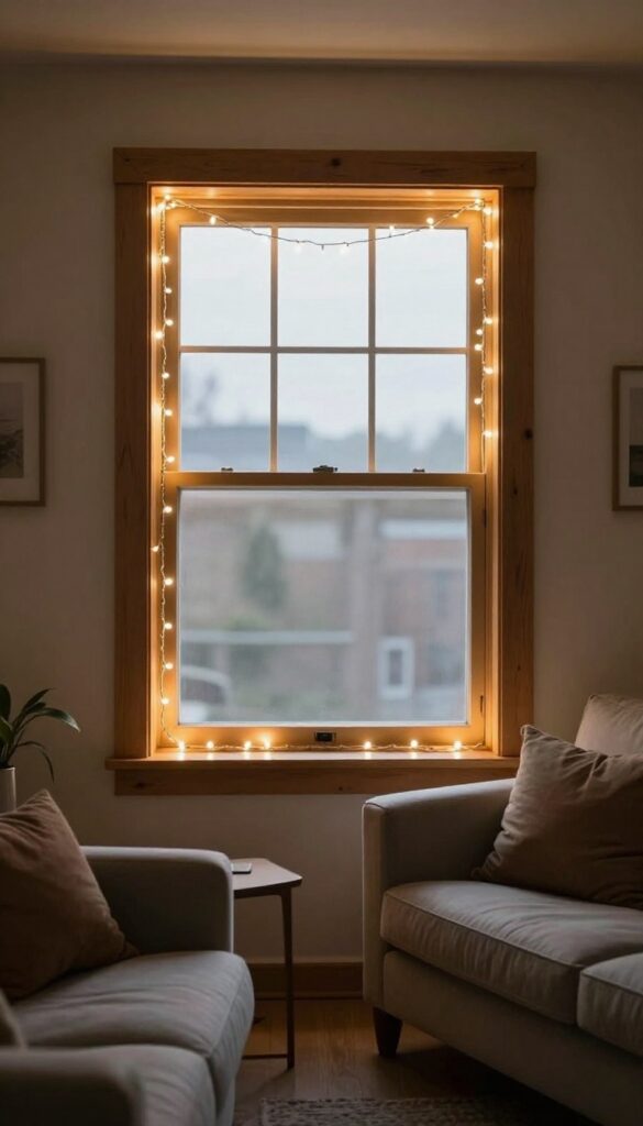 Cozy living room window with warm white fairy lights draped around the frame, creating a soft glow in the evening.