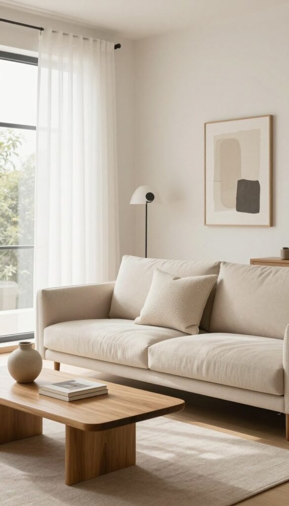 Minimalist modern living room with beige sofa, wooden coffee table, and sheer curtains, showcasing a curated, clutter-free space.