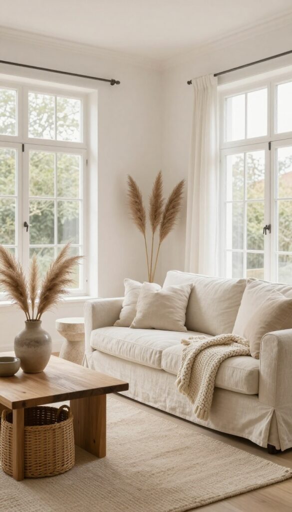 Warm white living room with linen sofa, knit throw, wool rug, and natural decor