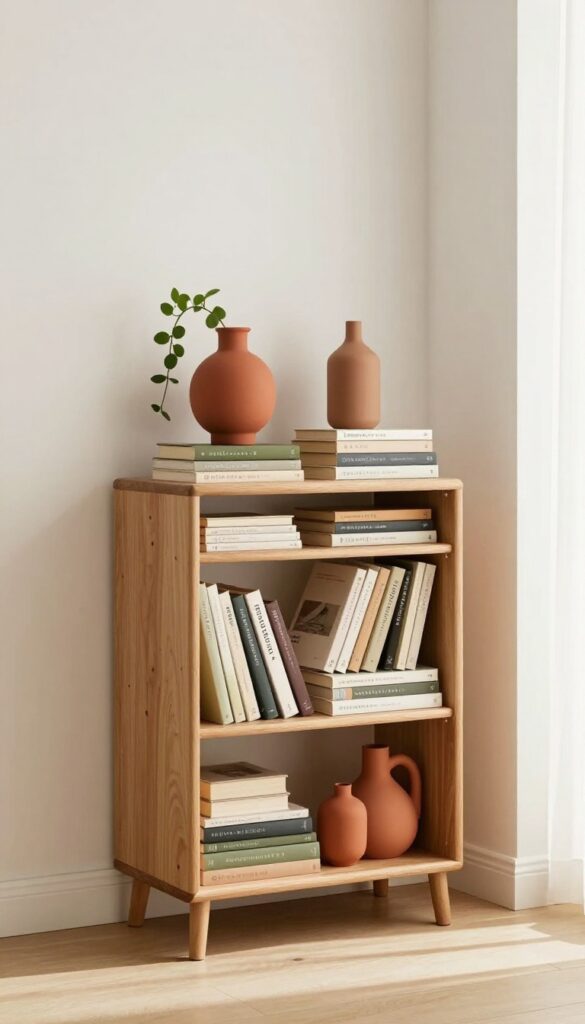 A curated bookshelf with books and decor in a cohesive color palette of cream, terracotta, and olive green in a bright living room.
