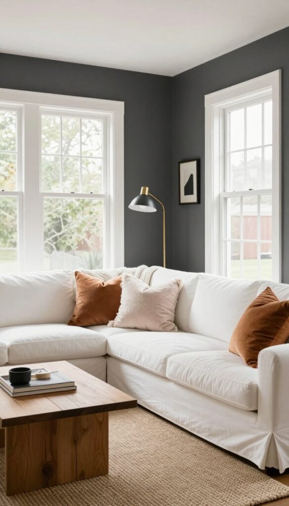 Charcoal gray accent wall in bright living room with white sofa, warm wood tones, and layered lighting.