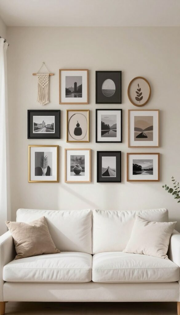 Asymmetrical cluster of frames above a sofa in a bright living room, mixing shapes and finishes for an eclectic gallery wall.