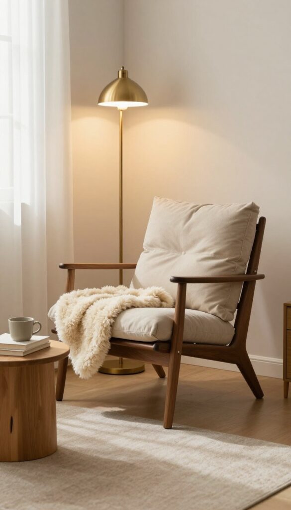 Cozy reading nook with POÄNG chair, sheepskin throw, side table, and floor lamp in a warm living room corner