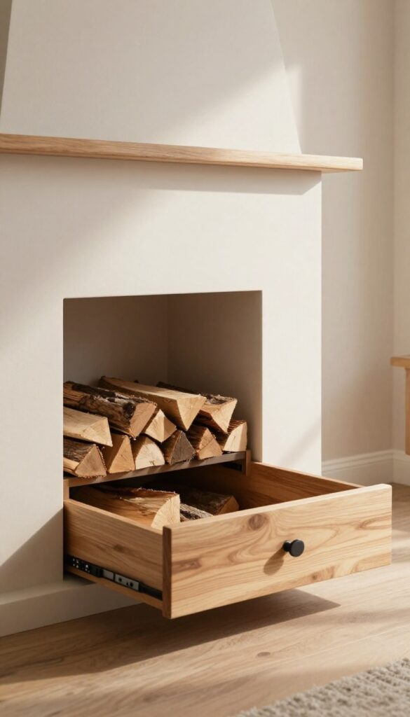 Fireplace hearth with pull-out log storage drawer filled with firewood in a bright, modern living room
