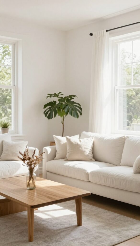 Living room with coral accent wall behind white sofa, natural light, neutral decor