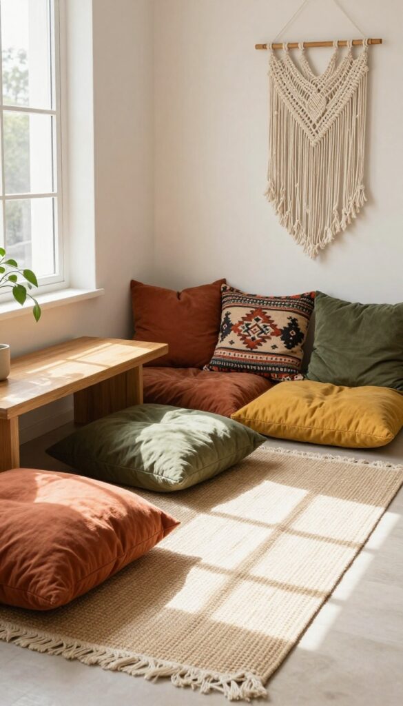 Bohemian living room with floor cushions and poufs around a low coffee table