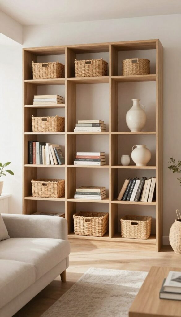 Low open shelving unit as room divider in small living room with baskets and decor