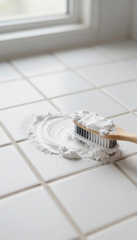 Cleaning grout with baking soda paste using a toothbrush