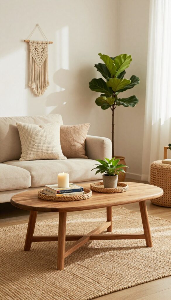 Low round wooden coffee table with a woven tray holding a candle, books, and a small plant in a bright bohemian living room.