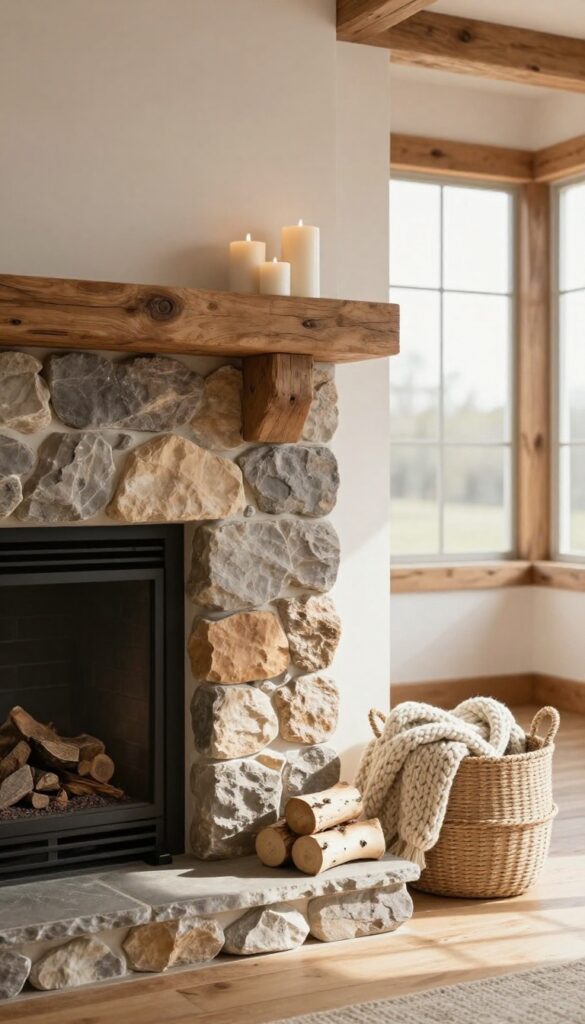 Rustic living room with a stone fireplace, wooden mantel, candles, logs, and a basket of blankets.