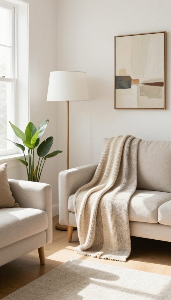 Small living room with vertical stripes and tall decor to create height illusion