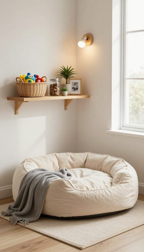 Cozy alcove pet bed nook with floating shelves, toys, treats, and a warm sconce light.