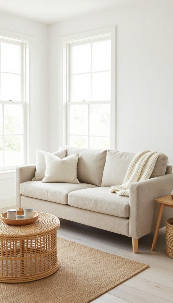 Light living room with linen sofa, chunky knit throw, sisal rug, and rattan coffee table