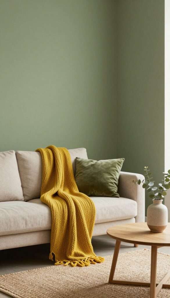 Cozy living room with olive green accent wall, beige sofa, mustard yellow throw pillow and ottoman, jute rug, and dried eucalyptus in a vase.
