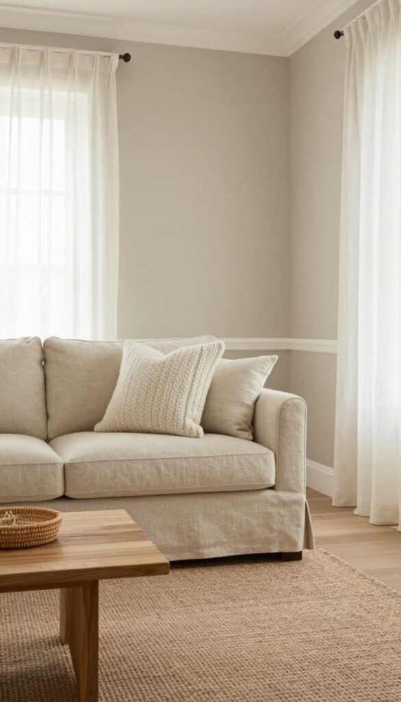 Light and airy living room with warm greige walls, white trim, linen sofa, jute rug, and natural textures