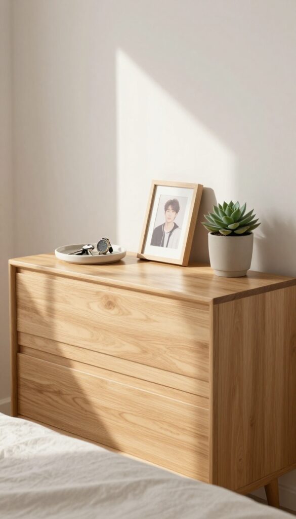 Tidy dresser top with minimal decor, catch-all tray, framed photo, and succulent in bright natural light