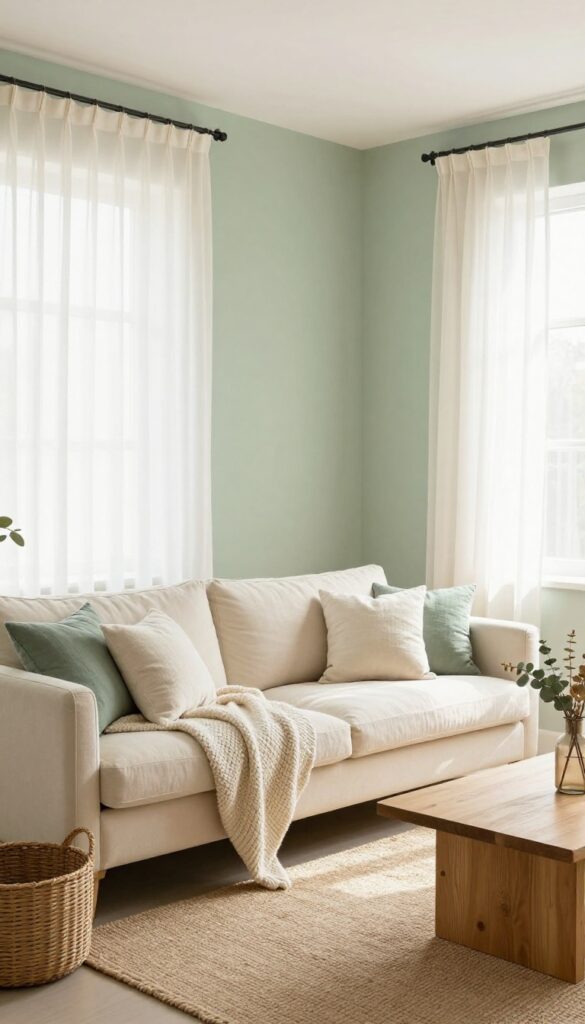 Small living room with pale sage accent wall, cream sofa, jute rug, and natural textures in bright natural light.