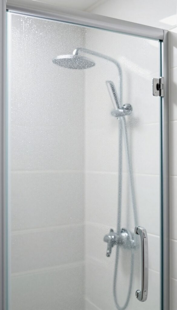 Sparkling clean glass shower door after using white vinegar cleaning hack, showing clarity and shine.