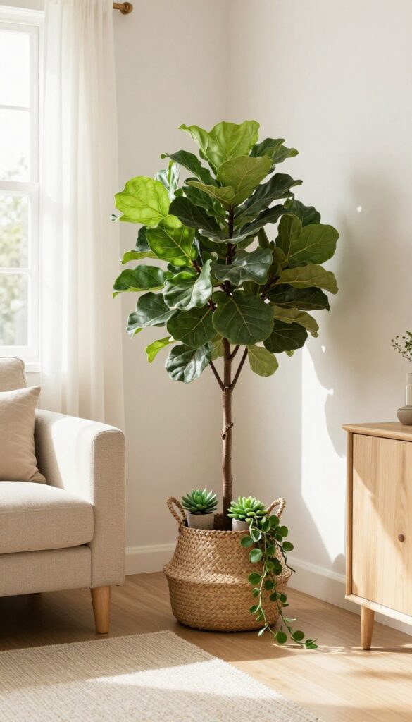 Living room corner with faux fiddle-leaf fig in woven basket and small potted plants on console table, warm natural light.