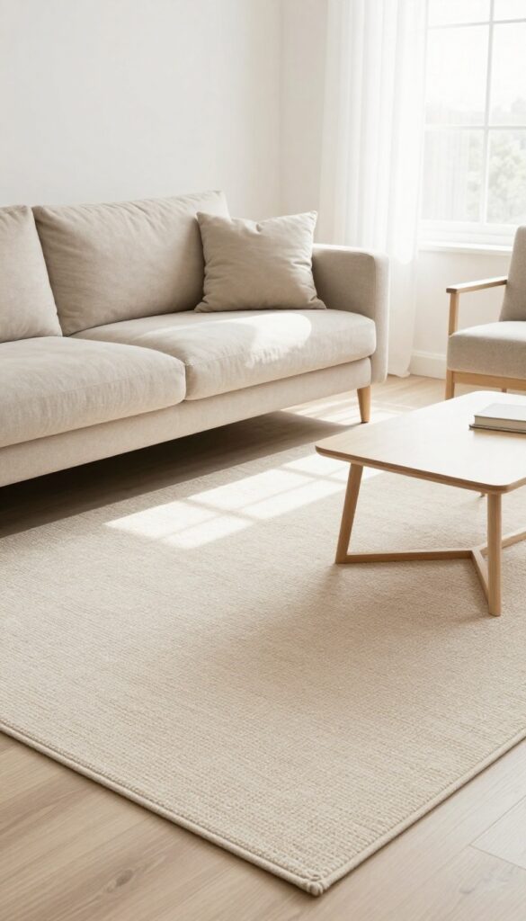 Large area rug under sofa anchoring the seating zone in a bright living room
