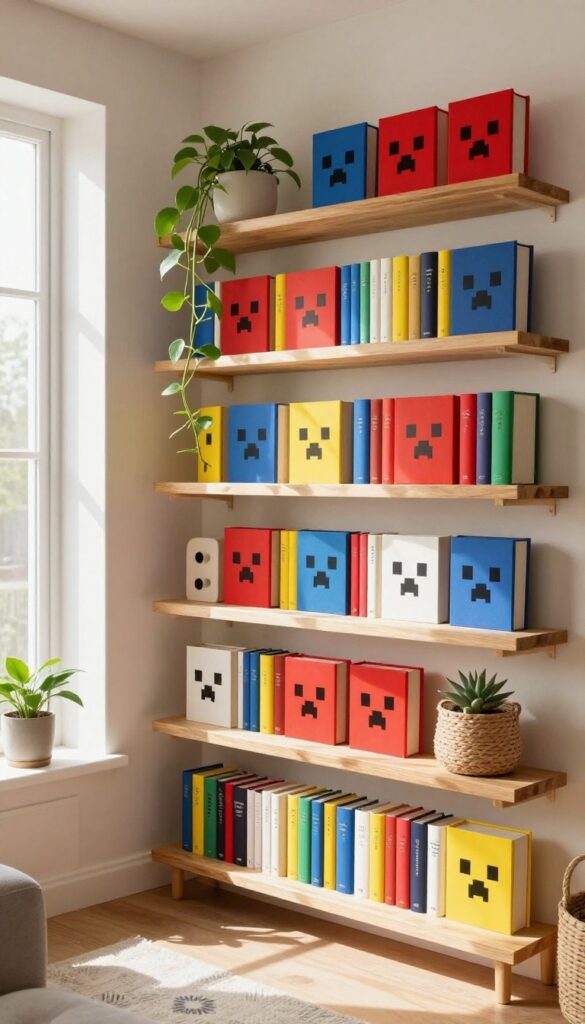 Cozy living room with open shelves featuring books arranged in pixel art creeper pattern, warm light, and trailing pothos plant.