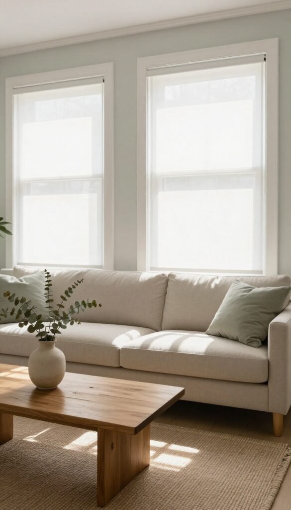 Living room with stenciled plain roller shades in soft sage green geometric pattern, natural light, neutral decor.