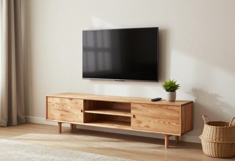 Cozy living room corner with a budget-friendly TV stand made from a repurposed wooden crate, floating shelf, and natural light.