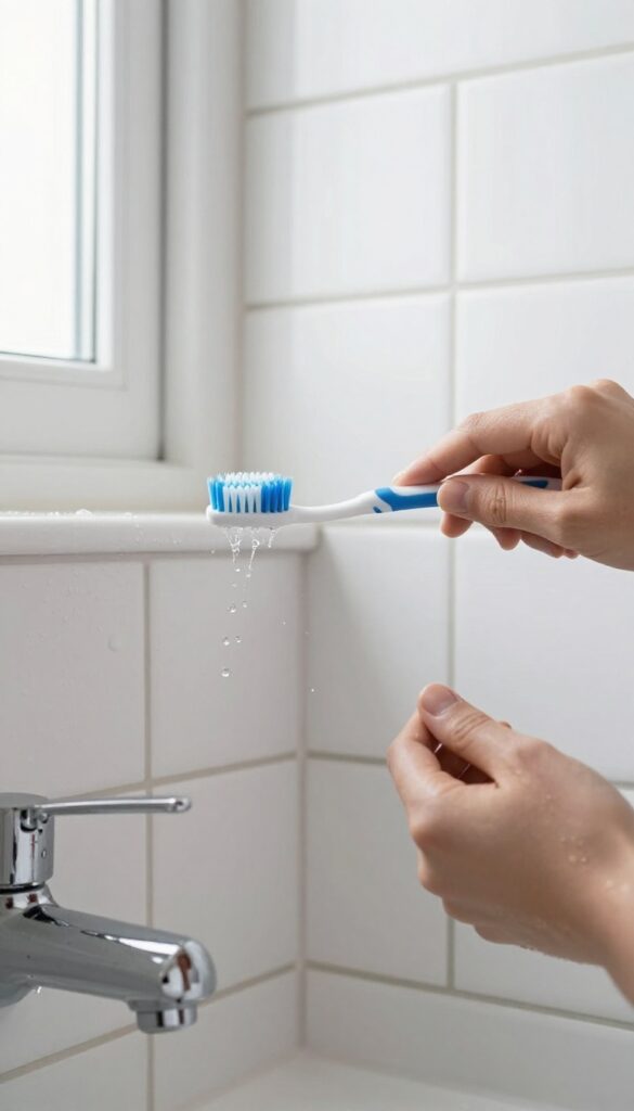 Hand scrubbing shower tile grout with a toothbrush in bright natural light