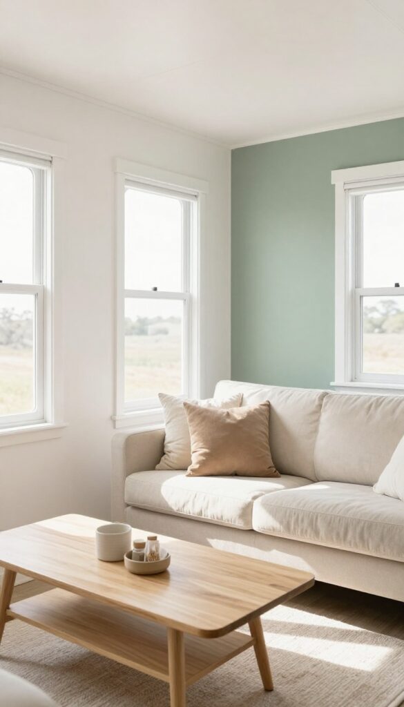 Bright single wide trailer living room with light neutral walls and sage green accent wall