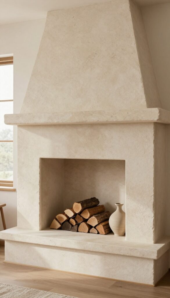 Stone fireplace with recessed niche shelves displaying firewood and a ceramic vase, natural light, cozy living room