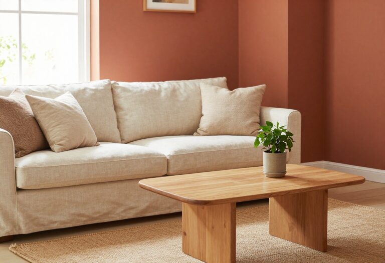 Cozy small living room with warm terracotta walls and cream sofa