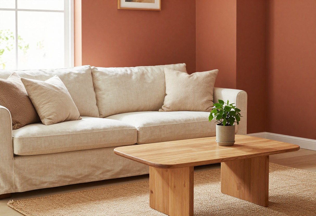 Cozy small living room with warm terracotta walls and cream sofa