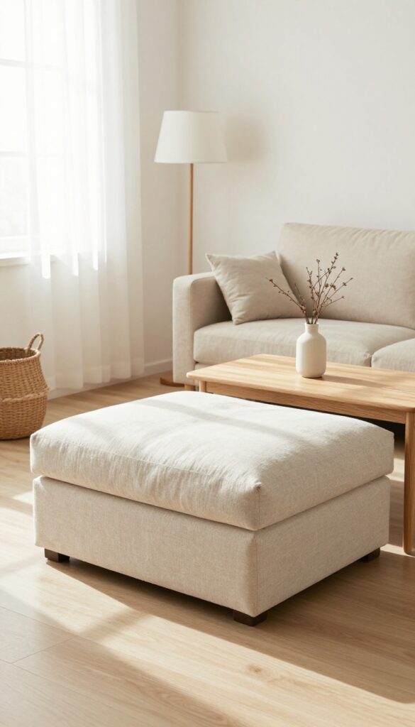Minimalist living room with multi-functional furniture: a storage ottoman and nesting tables in neutral tones, open and uncluttered.