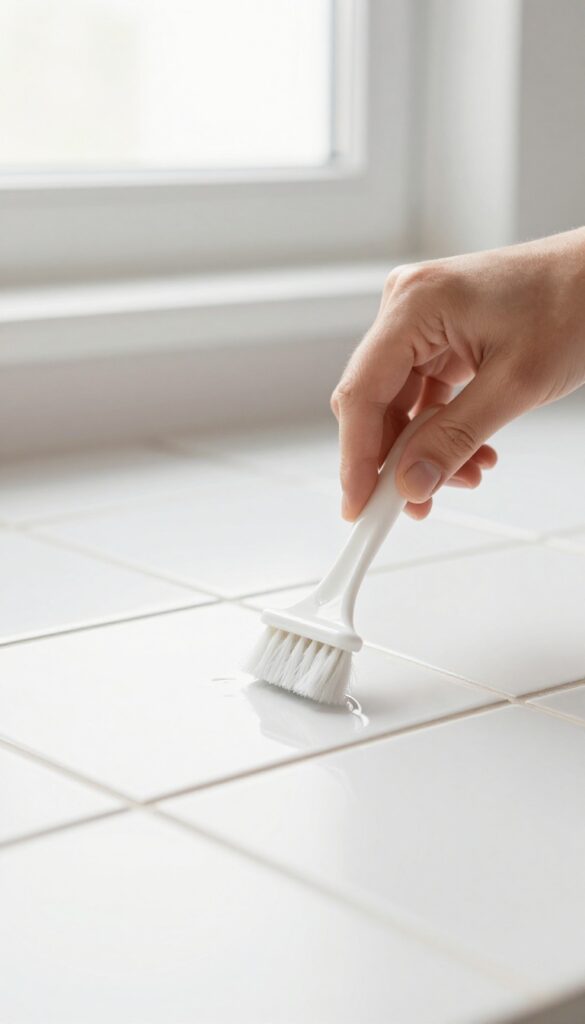 Applying grout sealer to bathroom tile grout with a brush
