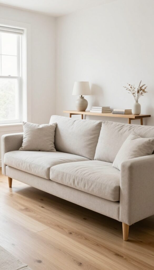 Slim console table behind a 3-seater sofa in a small living room with lamp, books, and vase.