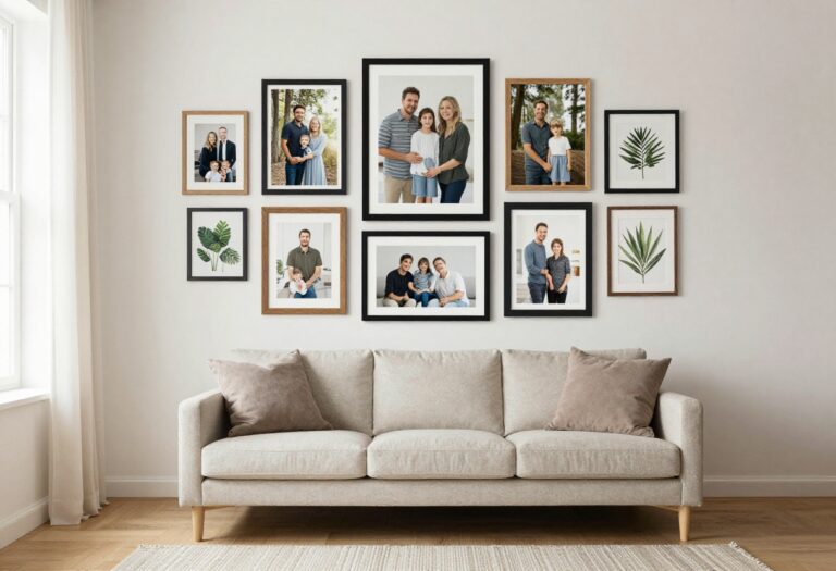 Cozy living room with a layered picture wall of mixed frames and art