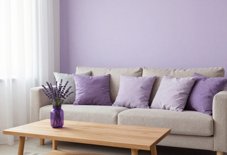 Purple living room with lavender accent wall and purple throw pillows on beige sofa