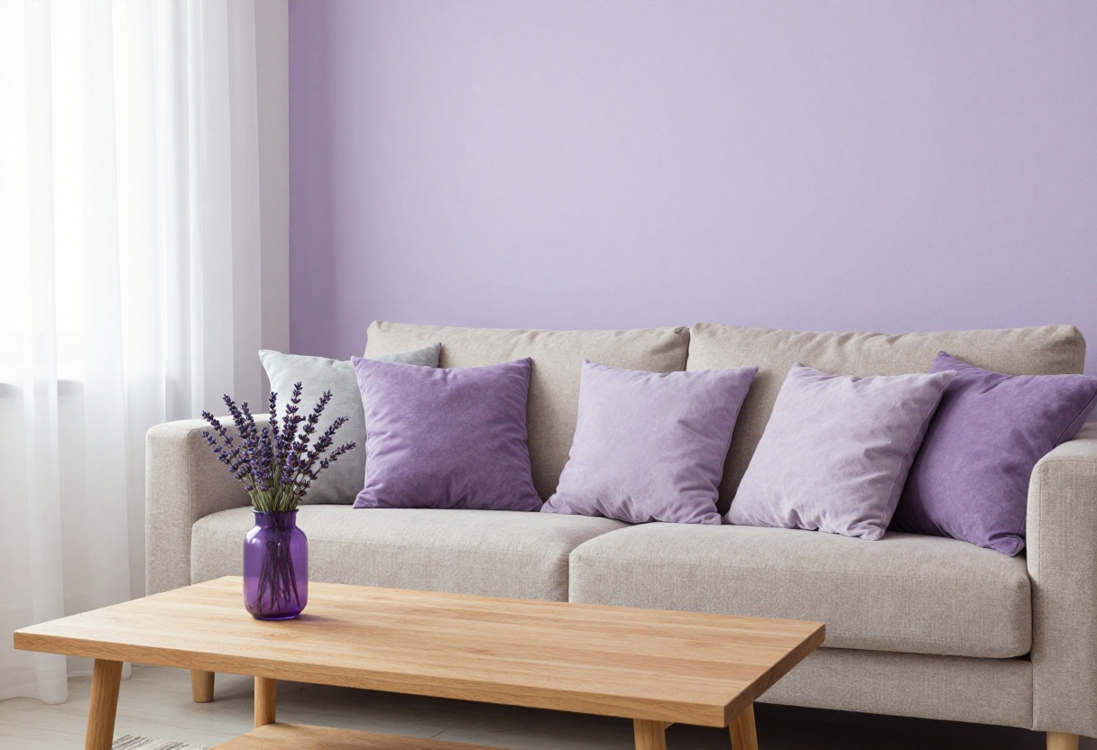 Purple living room with lavender accent wall and purple throw pillows on beige sofa