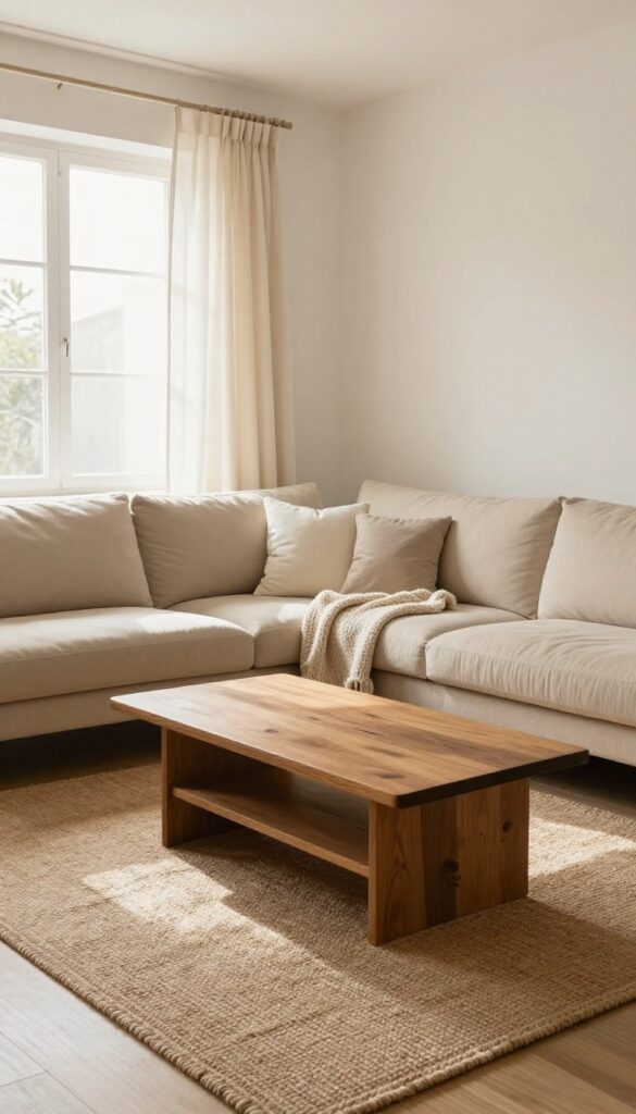 Cozy living room with jute rug, beige sofa, and warm natural light
